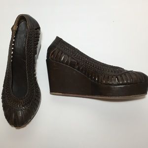 Dark Brown Soft Leather Woven Wedges